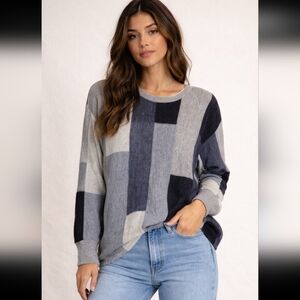 White + Warren - Patchwork Crewneck Sweater in Navy White  Combo Size Small